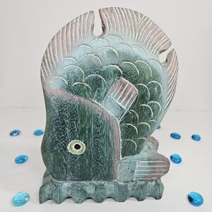 Vtg Nautical Hand Carved Thailand Wood Tropical Fish Hand Painted 3D Green Pink